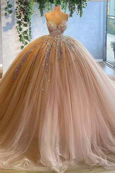 Ball Gown Prom Dress, Champagne Prom Dress, Lace Applique Prom Dress, Sweet 18, Vestido De Graduacion, Robe De Mariage, Princess Prom Dress,