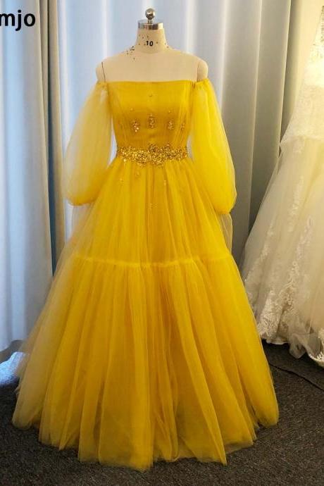 long sleeve prom dress, yellow prom dress, tulle prom dress, a line prom dresses, robe de bal, beaded prom dress, 2023 prom dresses, vestido de longo, cheap prom dresses, prom gown, prom dresses 2024
