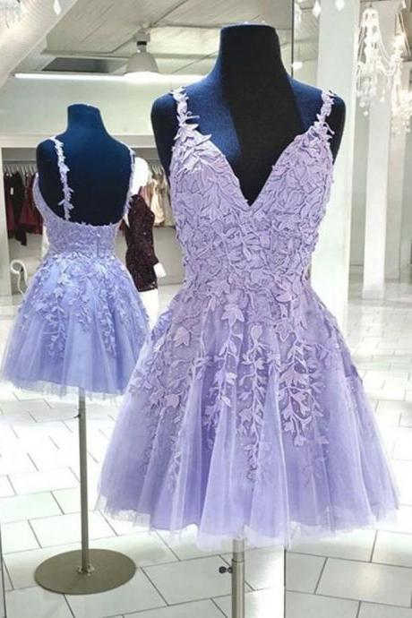 Purple Prom Dress, Short Prom Dresses, Lace Applique Prom Dress, Lilac Prom Dress, A Line Prom Dress, Knee Length Prom Dress, Spaghetti Strap