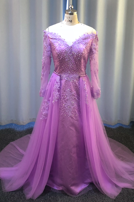Purple Prom Dress, Detachable Skirt Prom Dress, Beaded Prom Dress, Off The Shoulder Prom Dress, Prom Gown, Senior Prom Dress, Lace Applique Prom