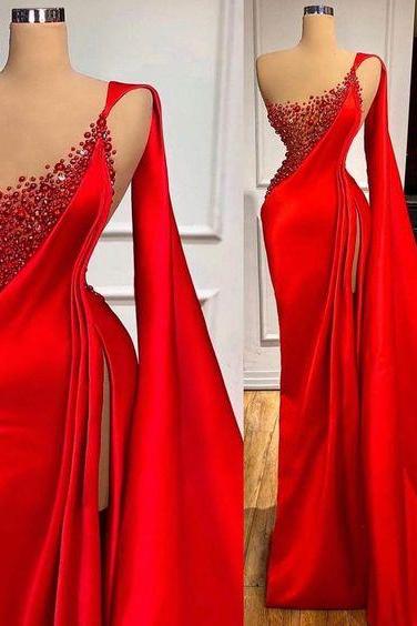 Red Prom Dress, One Shoulder Prom Dress, Beaded Prom Dresses, Evening Gown, Vestidos De Fiesta, A Line Prom Dresses, Elegant Prom Dresses, Robe