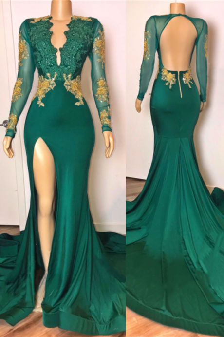 Sexy Formal Dress, Green Evening Dress, Long Sleeve Evening Dresses, Lace Applique Evening Dress, Mermaid Evening Dress, Evening Gown, Vestidos
