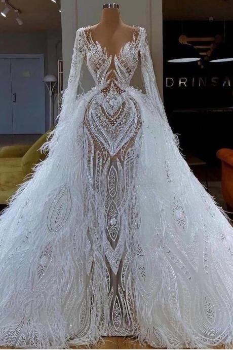 Detachable Skirt Wedding Dress, White Wedding Dress, Boho Wedding Dress, Luxury Wedding Dresses, Wedding Gown, Bridal Dresses 2023, Feather