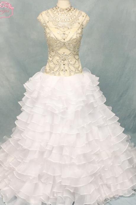 High Neck Wedding Dress, Tiered Wedding Dress, White Wedding Dress, Wedding Ball Gown, Crystals Wedding Dress, Luxury Wedding Dress, Wedding