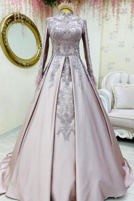 robe de soirée femme vintage dusty pink prom dresses long sleeve lace applique beaded elegant satin luxury prom gown vestidos de cocktail