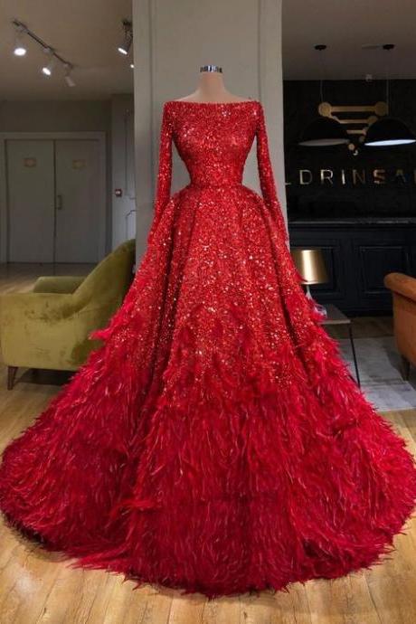 luxury prom dress, red prom dresses, glitter dress, feather prom dress, elegant prom dresses, sparkly prom dress, prom ball gown, robe de soirée de mariage