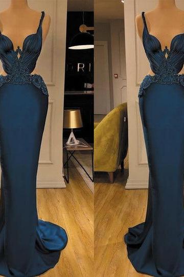 vestidos de noche modest evening dresses long lace applique mermaid elegant teal blue formal party dresses robe de soiree 