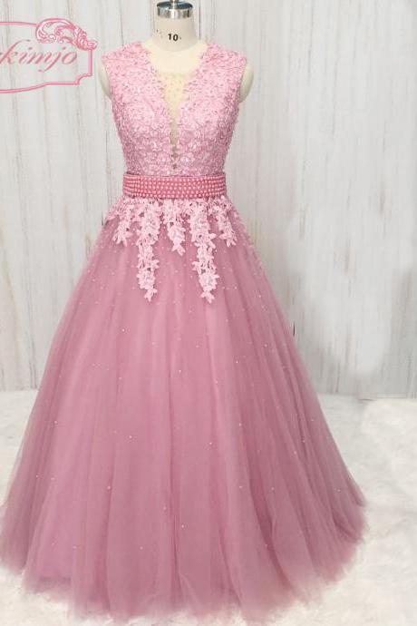 dusty pink prom dresses, lace applique prom dresses, beaded prom dress, tulle dresses, elegant prom dress, abendkleider, prom dresses 2023, vestidos de fiesta, 2022 prom dresses