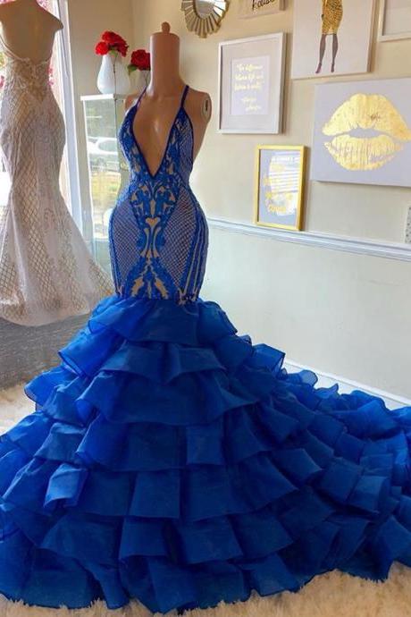 royal blue prom dress, halter prom dress, lace applique prom dress, mermaid prom dresses, prom dresses 2022, tiered prom dress, elegant prom dress, robe de bal, vestidos de cocktail, prom dresses 2023 