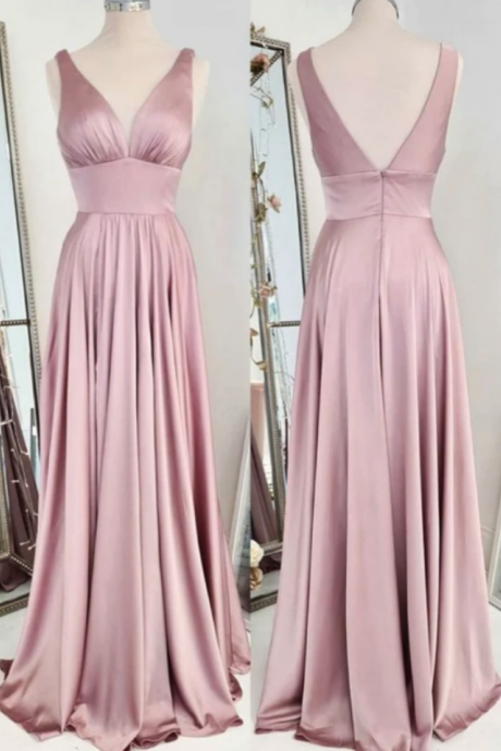 Rose Pink Evening Dress, Formal Dress, Vestidos De Fiesta, V Neck Formal Dress, Satin Dress, Elegant Evening Dress, Prom Dresses Long, 2024