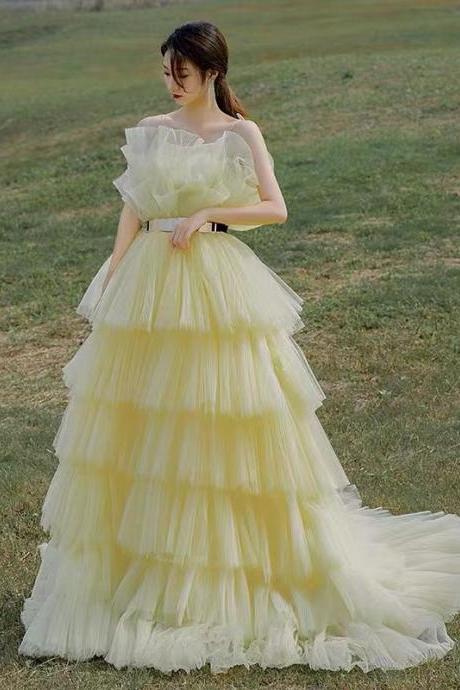 tiered prom dresses, ball gown prom dresses, vestidos de graduacion, tulle prom dresses, yellow prom dresses, plus size prom dress, elegant prom dress, custom make evening dress, robes de cocktail, prom ball gown