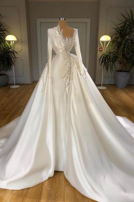 Long Sleeve Wedding Dresses, Luxury Wedding Dresses, Wedding Dresses For Bride, Beaded Peal Wedding Gown, Boho Wedding Dresses, Robe De Mariee,