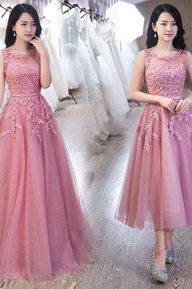 pink prom dresses, lace applique prom dresses, robe de soiree femme, a line prom dresses, long/short prom dresses, vestidos de fiesta, robes de bal, tulle dresses, elegant prom dresses