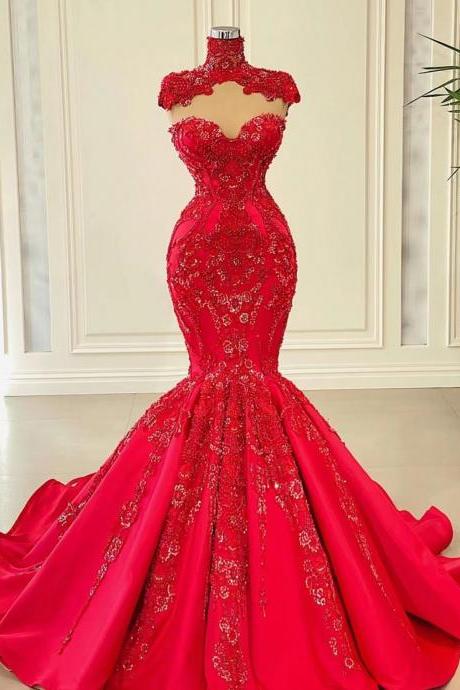 Custom Make Prom Dresses, Red Prom Dresses, Cap Sleeve Prom Dresses, Lace Applique Prom Dresses, Mermaid Prom Dresses, Robe De Soiree, Vestidos