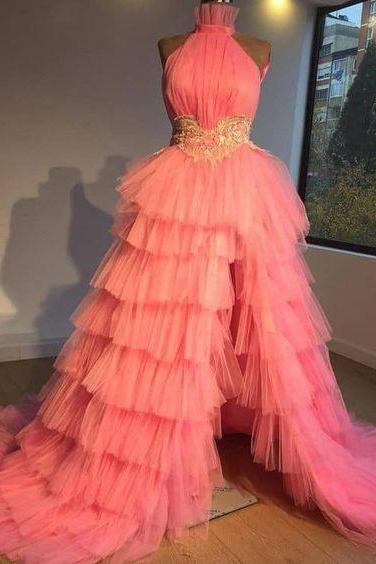 pink prom dresses, high neck prom dresses, tiered prom dresses, robes de cocktail, tulle dresses, elegant prom dresses, pageant dresses for women, vestidos de gala, vestidos elegantes para mujer