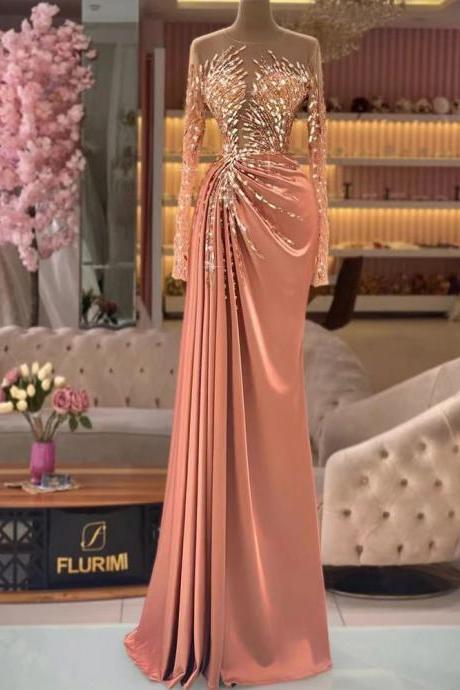 Luxury Evening Dress, Long Sleeve Evening Dress, Formal Party Dresses, Peach Evening Dresses, Beaded Evening Dresses, Crystals Prom Dress,