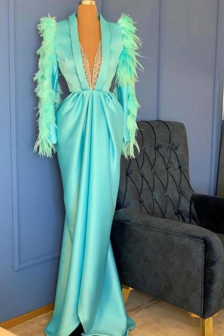 Dubai Fashion Evening Dresses, Luxury Evening Dress, Turquoise Blue Evening Dresses, Feather Evening Dress, Mermaid Prom Dresses, Abendkleider,