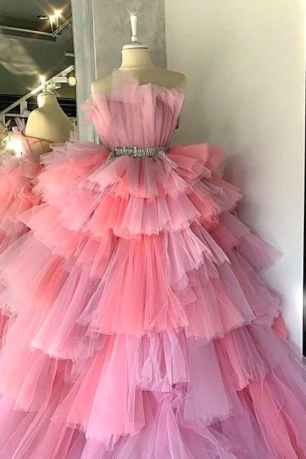 Pink Prom Dresses, Ball Gown Prom Dresses, Robes De Cocktail, Vestidos De Cocktail, Elegant Prom Dresses, Tulle Prom Dresses, Tiered Prom