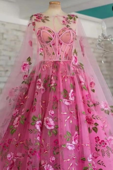 Embrodiery Applique Prom Dress, Floral Prom Dresses, Pink Prom Dresses, Arabic Prom Dresses, Robes De Cocktail, Tulle Dresses, Vestidos De