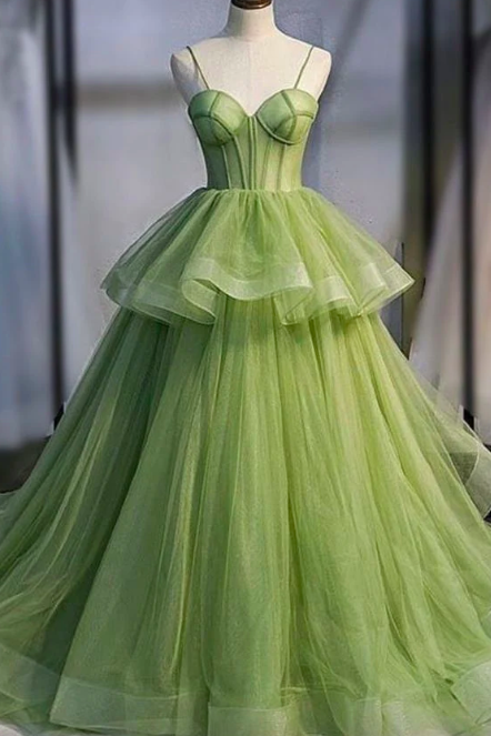 Spaghetti Strap Prom Dresses, Green Prom Dress, Tulle Prom Dresses, Robe De Cocktail, Vestidos De Fiesta De Longo, A Line Prom Dresses, Elegant