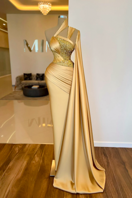 Gold Evening Dresses, One Shoulder Evening Dresses, Dubai Fashion Women Dresses, Beaded Evening Dresses, Vestido De Noche, Robe De Soiree Femme,