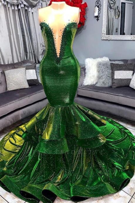 Green Party Dresses, Robes De Cocktail, Fashion Prom Dresses, Beaded Prom Dress, Sheer O Neck Prom Dresses, Vestidos De Fiesta, Elegant Prom Dresses, Sparkly Prom Dresses, Tiered Prom Dress, Black Girls Formal Occasion Dresses
