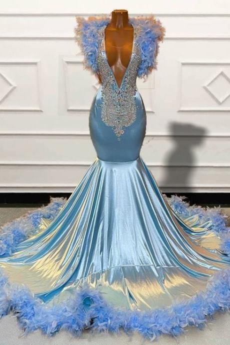 Blue Prom Dresses, Feather Prom Dresses, Abendkleider Luxus 2023, V Neck Prom Dresses, Fashion Party Dresses, Cocktail Dresses, 2024 Prom