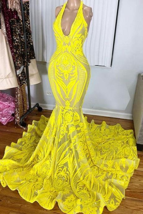 Formal Occasion Dresses, Yellow Prom Dresses, Halter Prom Dresses, Mermaid Prom Dresses, Vestidos De Fiesta, Formal Dresses, Sexy Party Dresses,