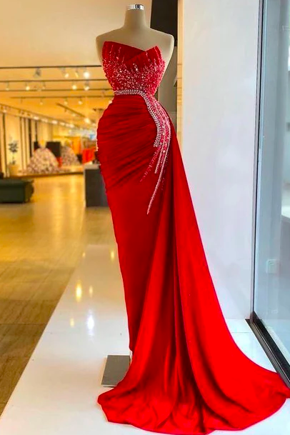 Red Evening Dresses With Overskirt, Beaded Evening Dresses, Formal Dresses, Fashion Formal Dresses, Mermaid Evening Dresses, Vestidos De Fiesta,