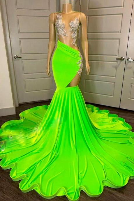 Gorgeous Prom Dresses, African Evening Dress, Green Prom Dresses, Luxury Prom Dress, Sheer Neck Sexy Party Dresses, Robes De Soiree Femme,