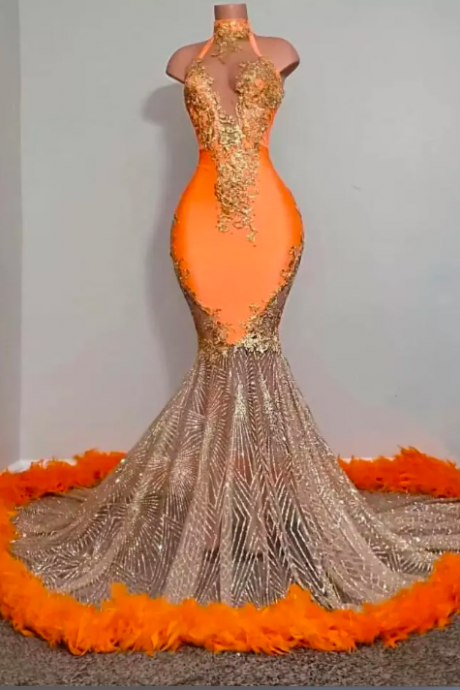 Robe De Soiree, High Neck Prom Dresses, Orange Prom Dresses, Gorgeous Prom Dress, Sparkly Prom Dresses, Feather Fashion Evening Dresses, Sexy