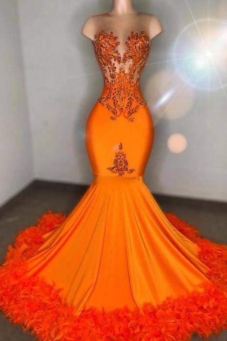 Sleeveless Prom Dresses, Feather Prom Dresses, Orange Prom Dress, African Evening Dresses, Prom Dresses For Women, 2023 Prom Dresses, Vestidos De