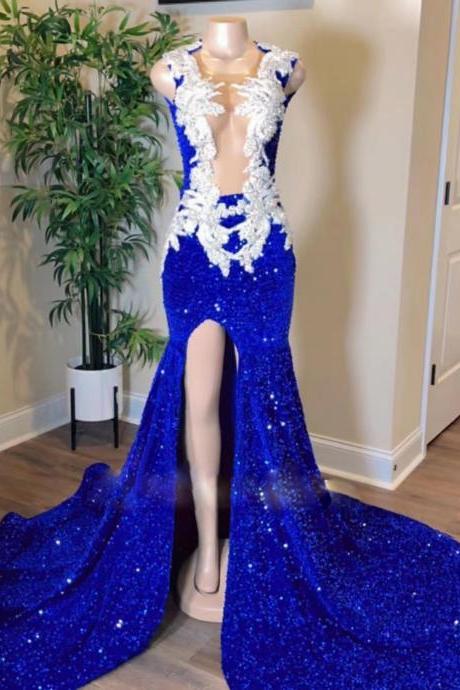 Sexy Party Dresses, Glitter Prom Dresses With Side Slit, Lace Applique Formal Dresses, Royal Blue Prom Dresses, African Evening Dresses, Custom