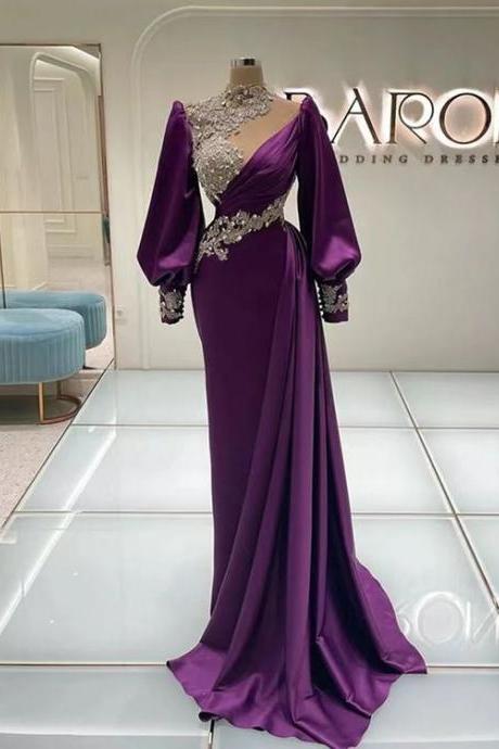 Arabic Prom Dresses, Purple Prom Dresses, Vestidos De Fiesta, Long Sleeve Prom Dresses, Beaded Prom Dresses, Vestidos De Noche, Elegant Prom