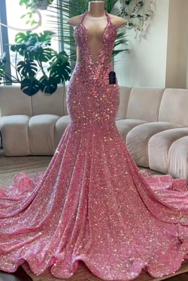 Custom Prom Dresses, 2024 Party Dresses, Pink Prom Dresses, Halter Evening Dresses, Vestidos De Gala, Elegant Prom Dresses, Vestidos De Noche,