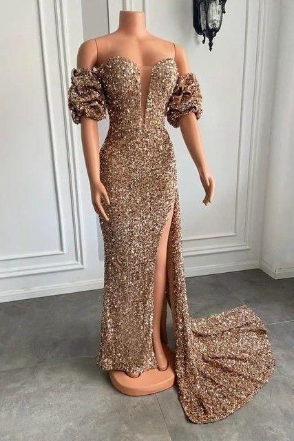 Gold Sequined Prom Dresses, Off The Shoulder Prom Dresses, Evening Dresses Long, Formal Dresses, Elegant Prom Dresses, Sparkly Prom Dresses,