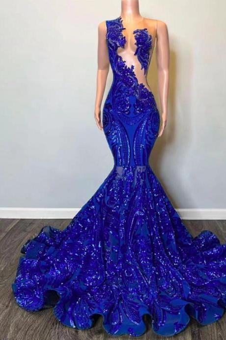 Royal Blue Prom Dresses, Sparkly Sequin Applique Prom Dresses, Mermaid Prom Dresses, Black Girls Fashion Party Dresses, Vestidos Para Mujer,