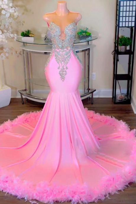 Pink Prom Dresses, Diamonds Party Dresses, Feather Prom Dresses, O Neck Formal Dresses, Elegant Evening Dresses, Gown Dresses Gala, Fashion Prom