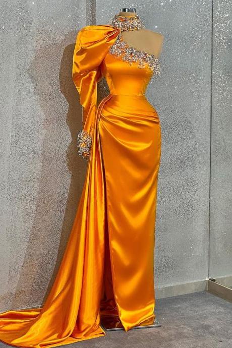 Orange Prom Dresses, Dubai Fashion Evening Dresses, Elegant Prom Dresses, One Shoulder Prom Dresses with Sleeve, Beaded Prom Dress, Formal Occasion Dresses, Vestidos De Gala, Arabic Prom Dresses, Robes De Soiree Femme