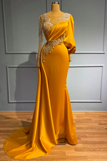 Arabic Prom Dresses, Lace Applique Prom Dresses, Vestidos De Gala, Yellow Prom Dresses, Abendkleider, 2024 Prom Dresses, Long Sleeve Prom
