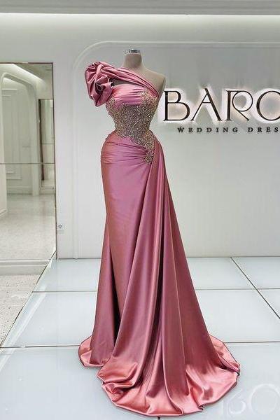 Pink Prom Dresses, One Shoulder Prom Dresses, Vestidos De Fiesta, Gold Lace Applique Prom Dresses, Vestidos De Gala, Formal Occasion Dresses,