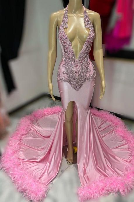 Luxury Prom Dresses 2024, Pink Prom Dresses, Halter Prom Dresses, Feather Prom Dresses, Vestidos De Gala, Lace Applique Beaded Evening Dresses,