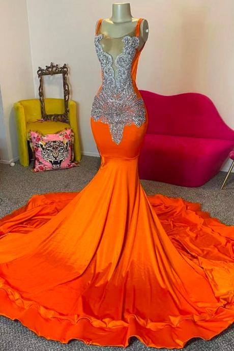 Crystals Prom Dresses, Orange Prom Dresses, Mermaid Evening Dresses, 2024 Prom Dresses, Diamonds Fashion Party Dresses, Formal Occasion