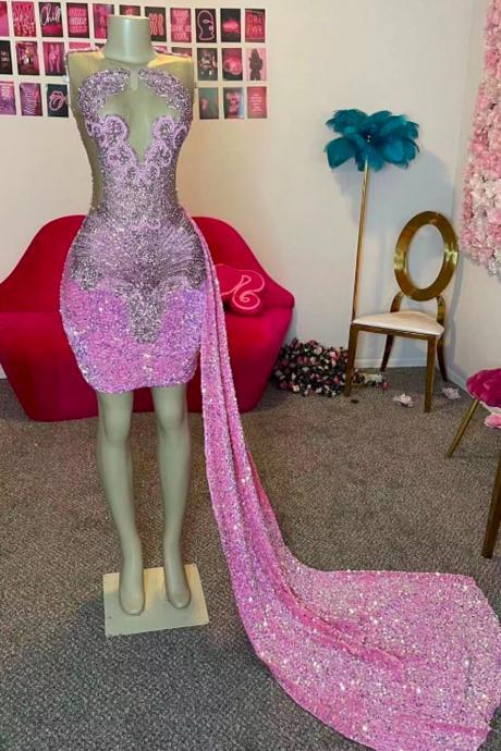 Mini Length Prom Dresses, Pink Prom Dresses, Cocktail Dresses, Sparkly Diamonds Party Dresses, Luxury Birthday Party Dresses, 2024 Custom Prom