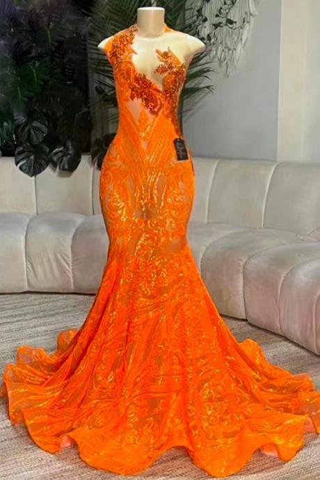 Orange Prom Dresses For Black Girls, Sequin Applique Prom Dresses, Custom Make Prom Dresses, Vestidos De Gala, Beaded Prom Dresses, Vestidos De