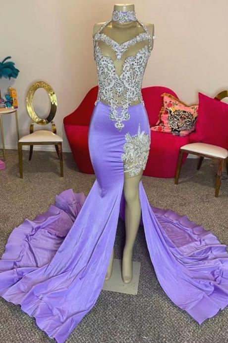 High Neck Prom Dresses, Lavender Purple Prom Dresses, Robes De Soiree, Lace Applique Evening Dresses, Sexy Formal Party Dresses, Luxury Birthday