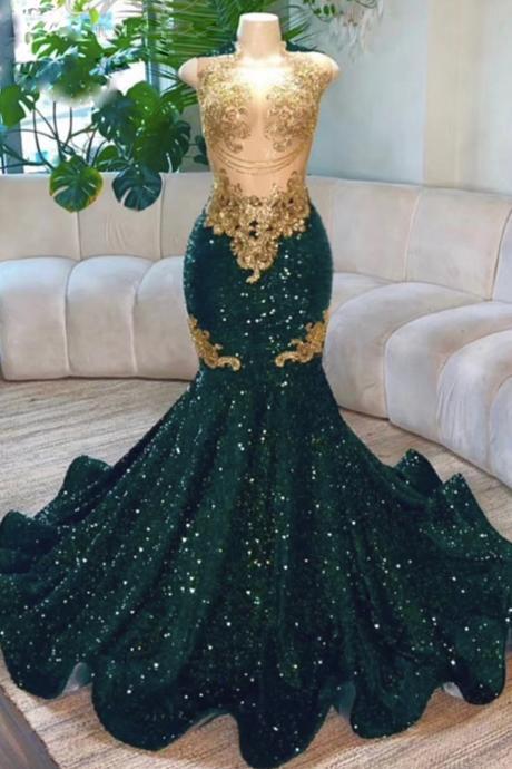 Emerald Green Prom Dresses, Sparkly Luxury Birthday Party Dresses, Lace Applique Prom Dresses, Robes De Soiree Femme, Mermaid Evening Dresses,