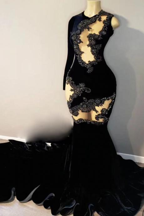 One Shoulder Prom Dresses, Black Fashion Party Dresses, Lace Applique Prom Dresses, Night Evening Gown For Women, Mermaid Evening Dress, Sexy