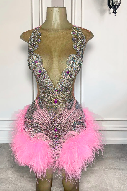 Pink Prom Dresses, Diamonds Luxury Prom Dresses, Fashion Birthday Party Dresses, Vestidos De Noche, Feather Prom Dresses, Rhinestones Mini Length