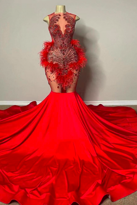 Red Diamonds Prom Dresses, Rhinestones Luxury Birthday Party Dresses, Feather Prom Dresses, Mermaid Evening Dress, Fashion Formal Gowns, Sexy